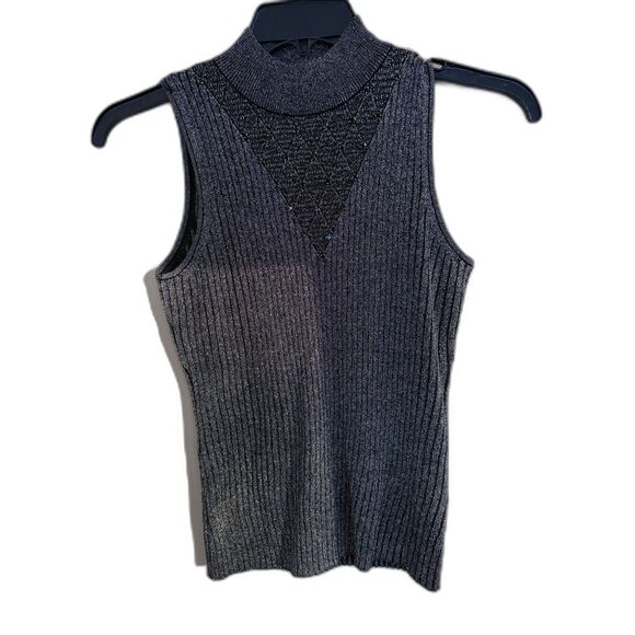 Carmen Marc Valvo Metallic Ribbed Mock Neck Top – Gunmetal Silver – Size M - Picture 2 of 5